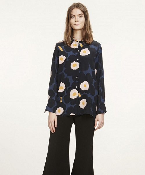 画像: マリメッコ Marimekko /ウニッコ Unikko / Minea shirt（ブルー×ダークブルー×オレンジ）